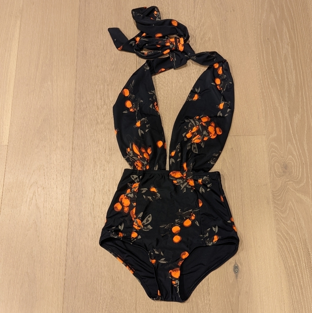 COCOSHIP Black One-Piece Swimsuit with Orange Fruit Print